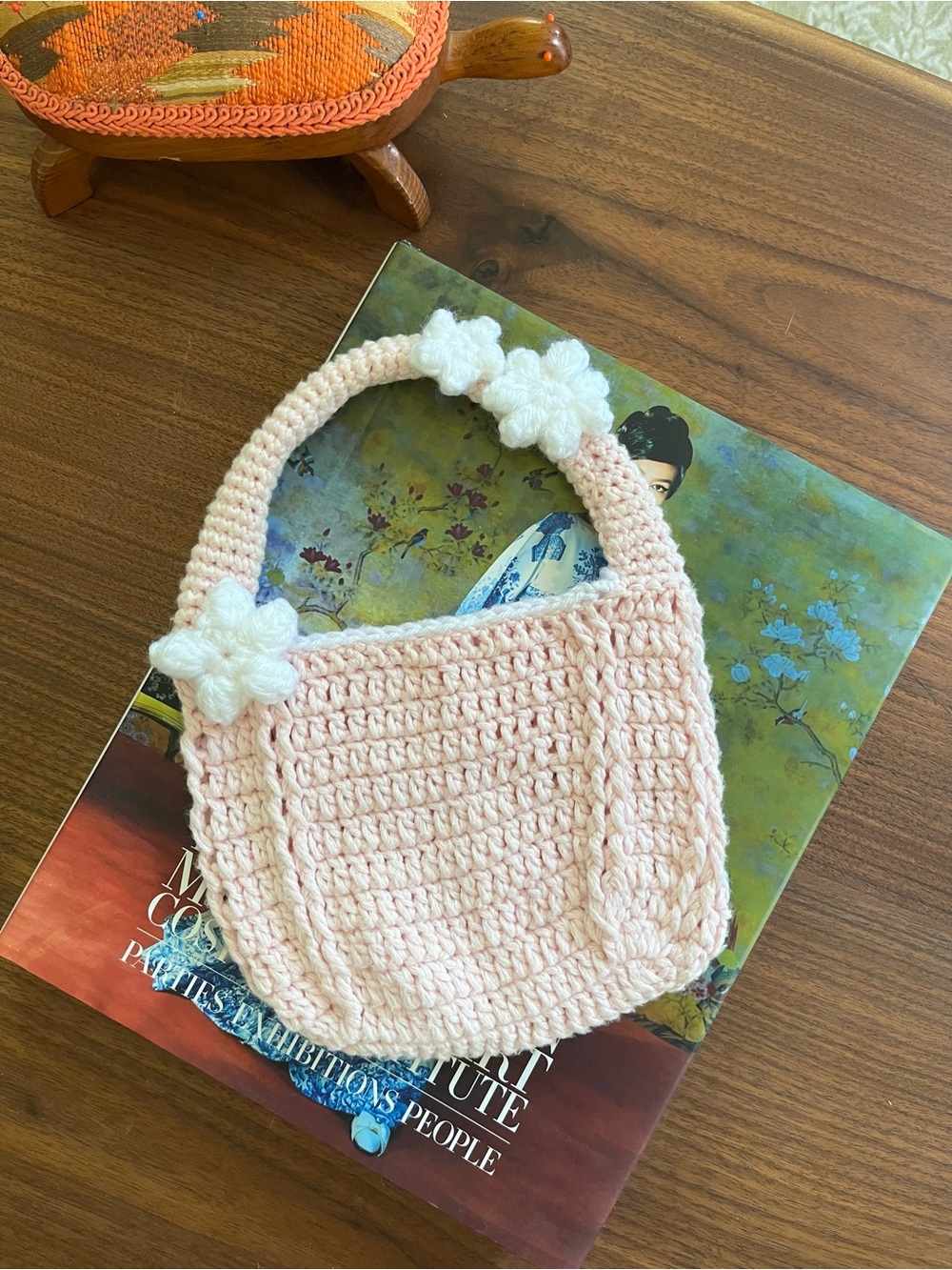 Crochet Pink and White Flower Hand Bag